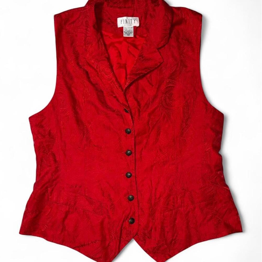 Vintage 90s Finity 100% Silk Red Paisley Jacquard Vest Waistcoat Size 12